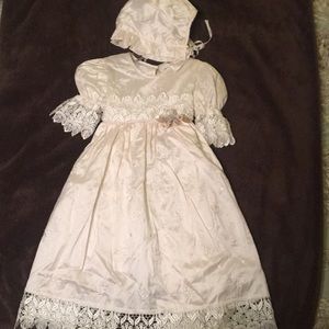 Silk creme dress with matching bonnet